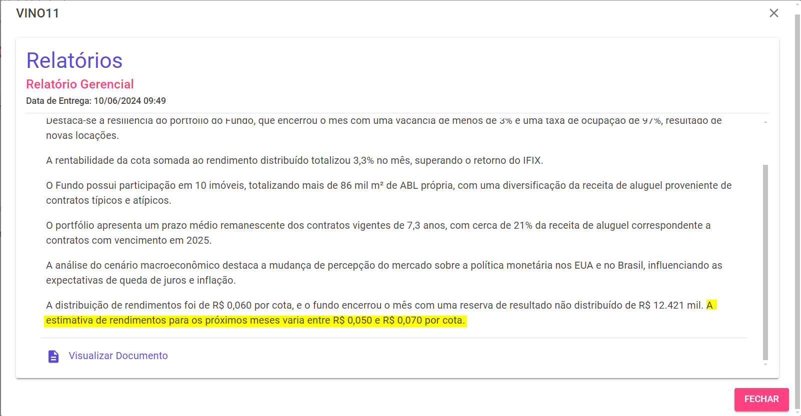 Relatório Gerencial do VINO11 no FiiAlerta anunciando menor rendimento